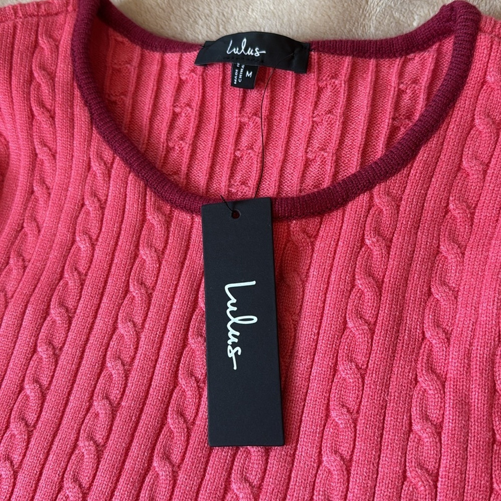 NWT Lulus Coziest Poise Pink Cable Knit Long Sleeve Sweater Mini Dress size M - Picture 13 of 15